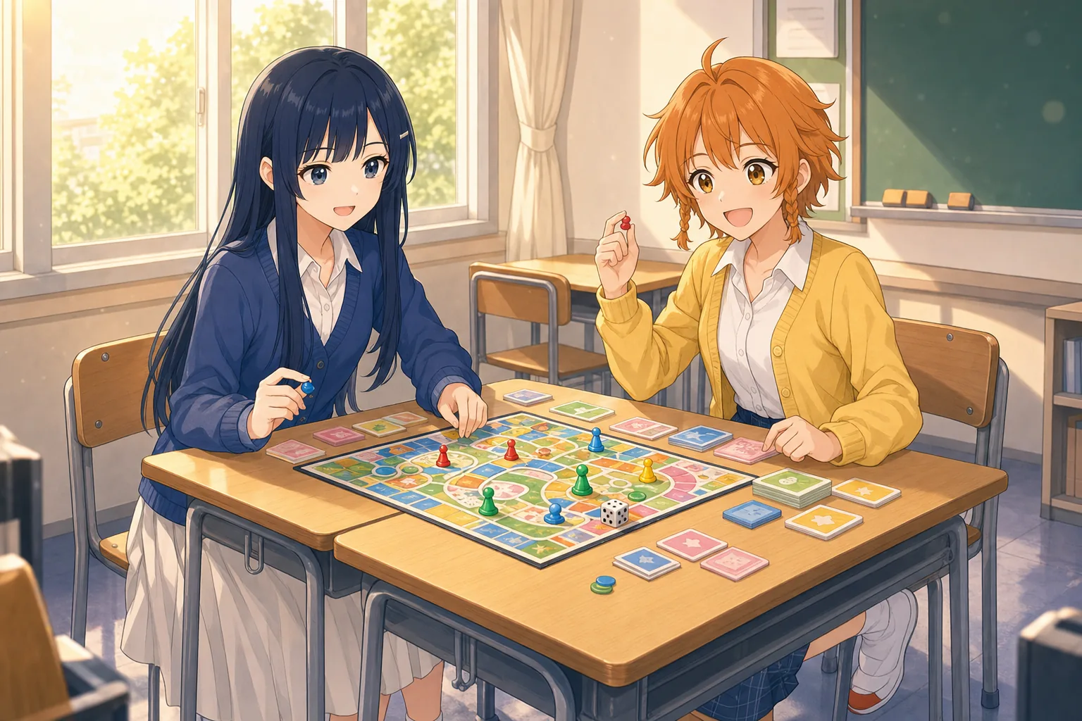 青木澪、日野こむぎが放課後の教室でボードゲームを楽しむ様子