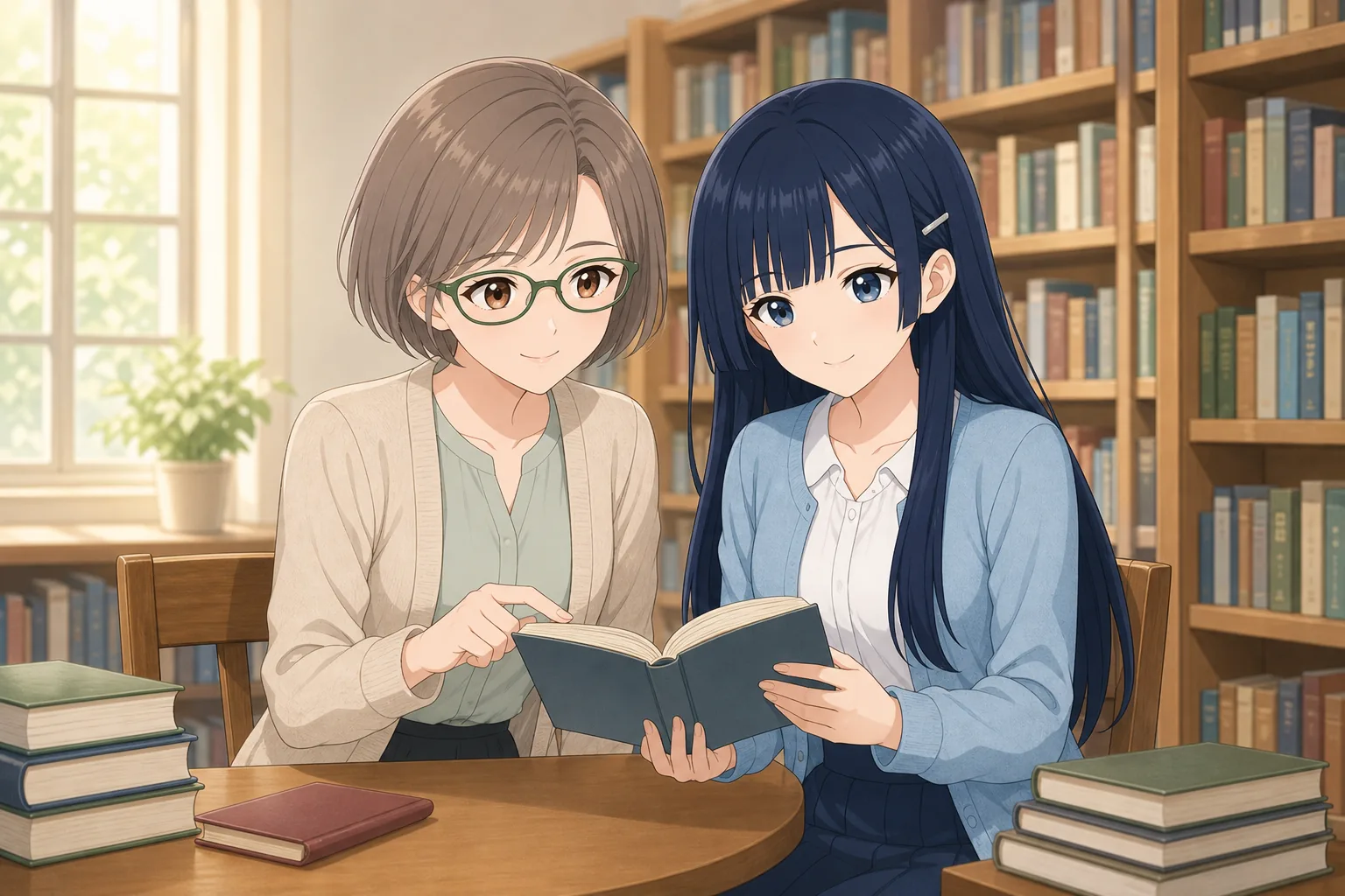 藤森さやか先生、青木澪が図書室で読書会を楽しむ様子
