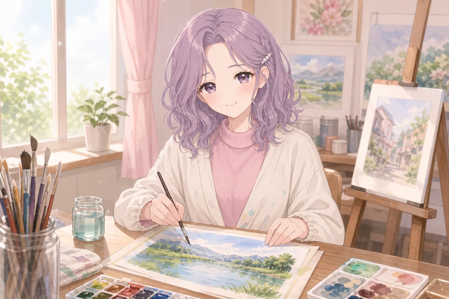 桃井すみれが美術室で水彩画を楽しむ様子