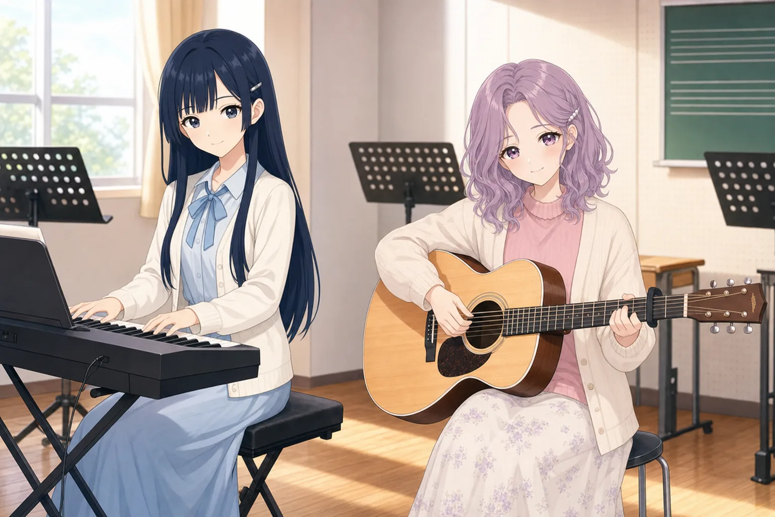 青木澪、桃井すみれが音楽室でセッションを楽しむ様子