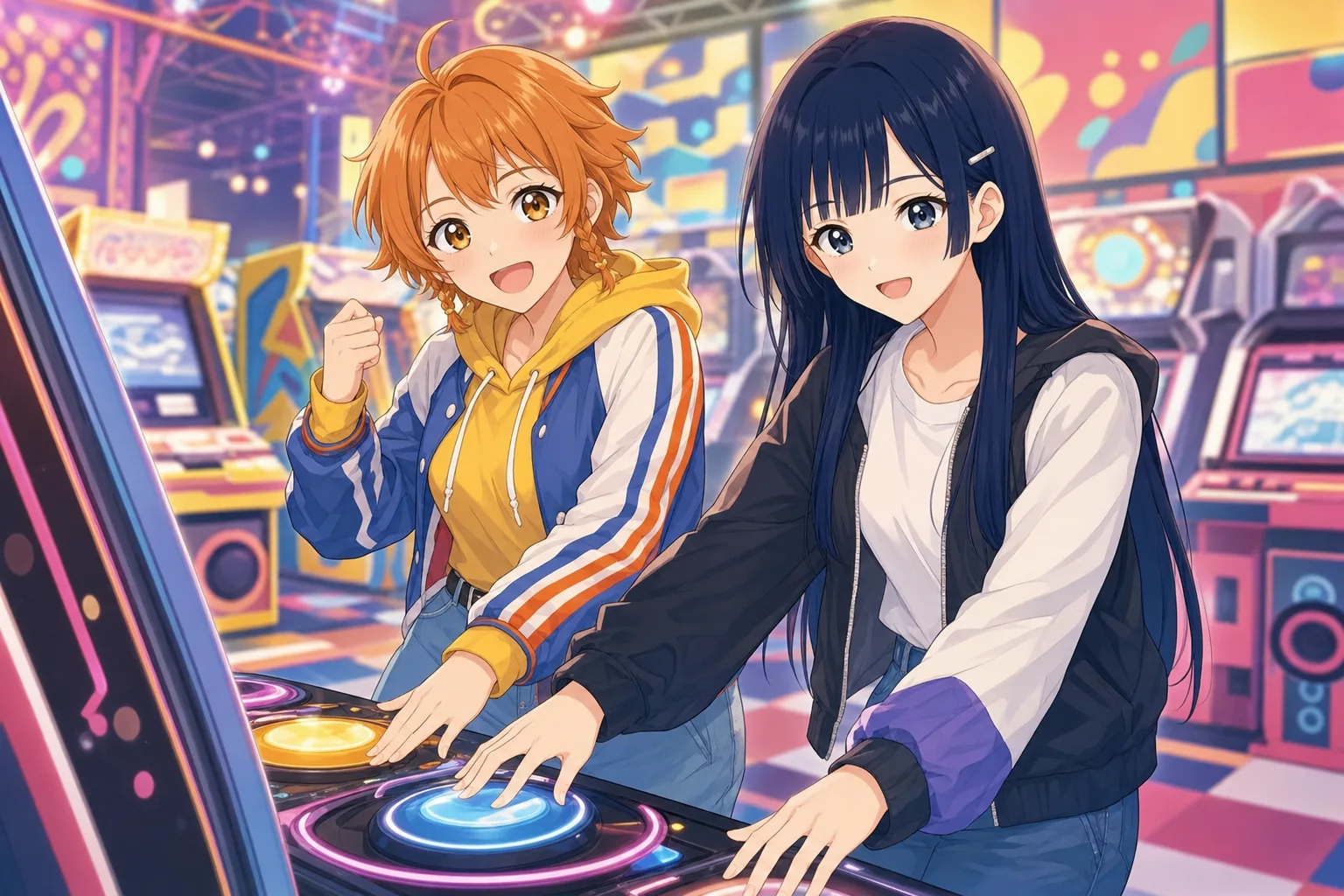 日野こむぎ、青木澪がゲームセンターで協力プレイを楽しむ様子