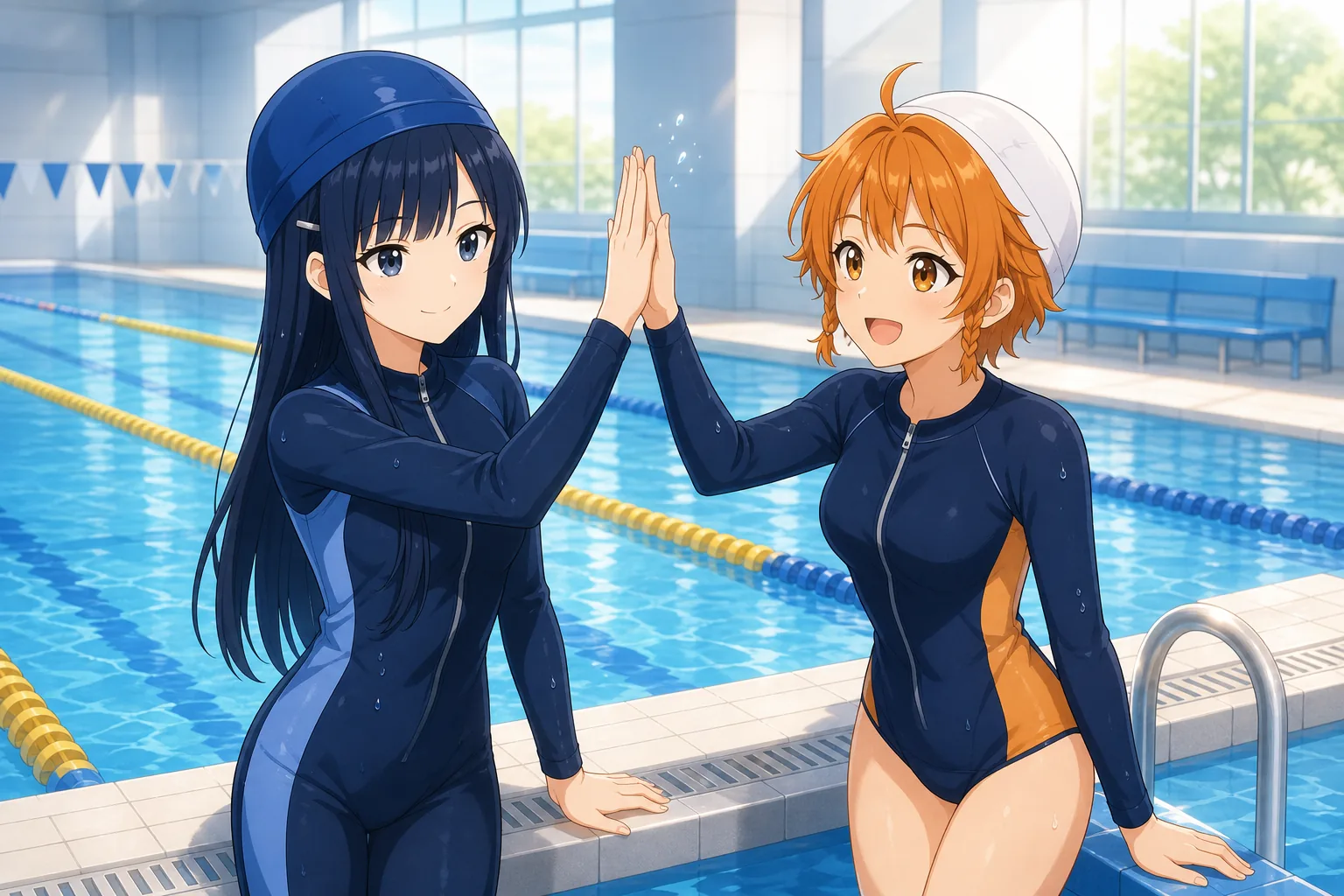 青木澪、日野こむぎが屋内プールで水泳リレーを楽しむ様子