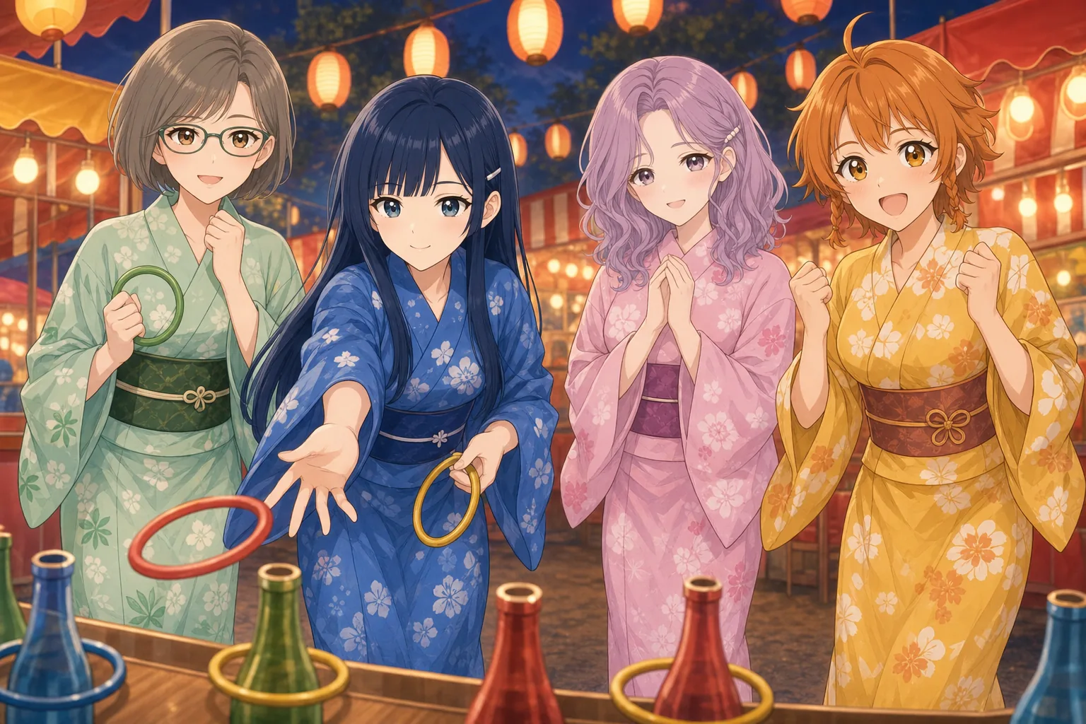 藤森さやか先生、青木澪、桃井すみれ、日野こむぎが夏祭りで輪投げを楽しむ様子