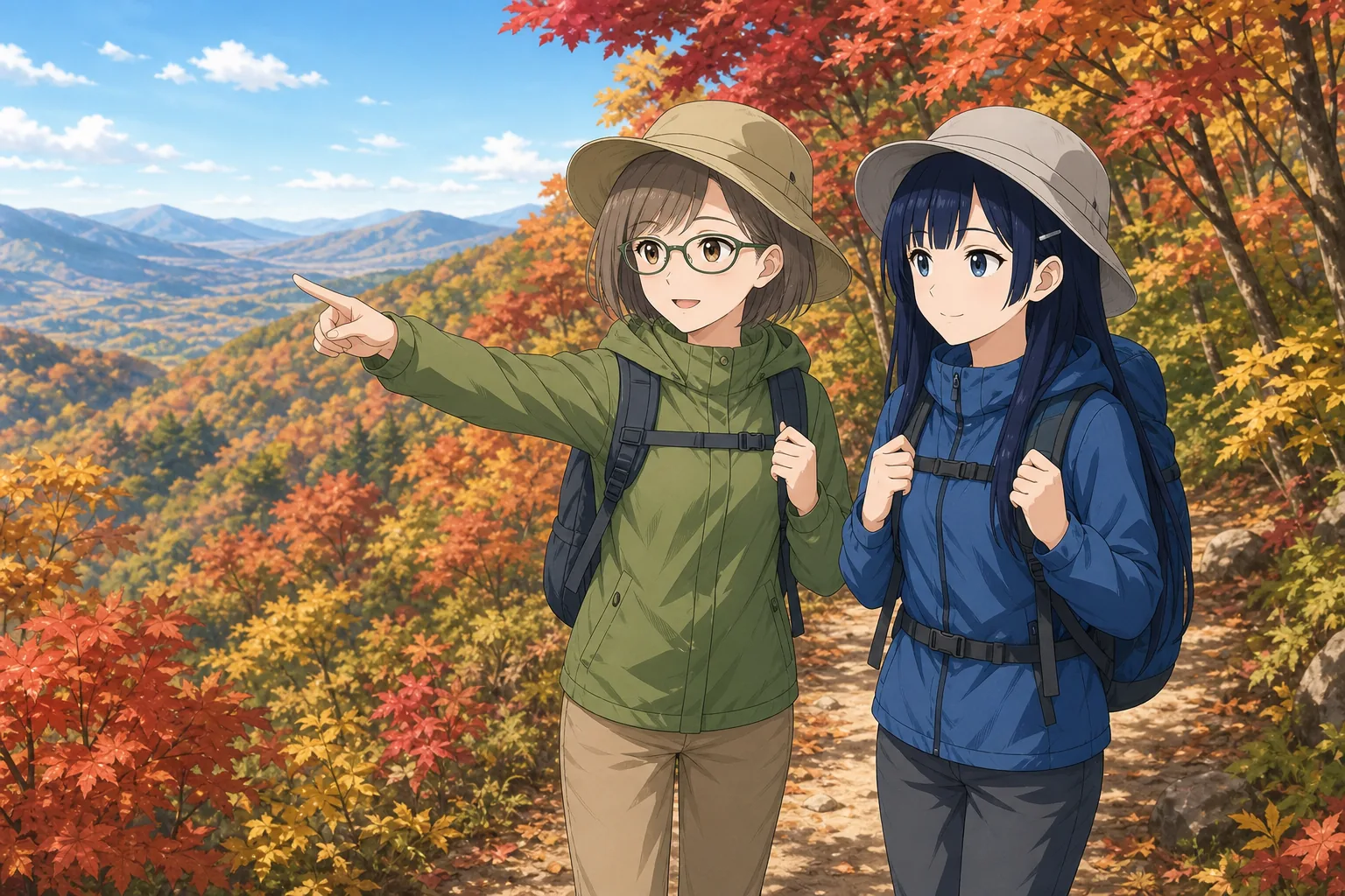 藤森さやか先生、青木澪が紅葉の山をハイキングを楽しむ様子
