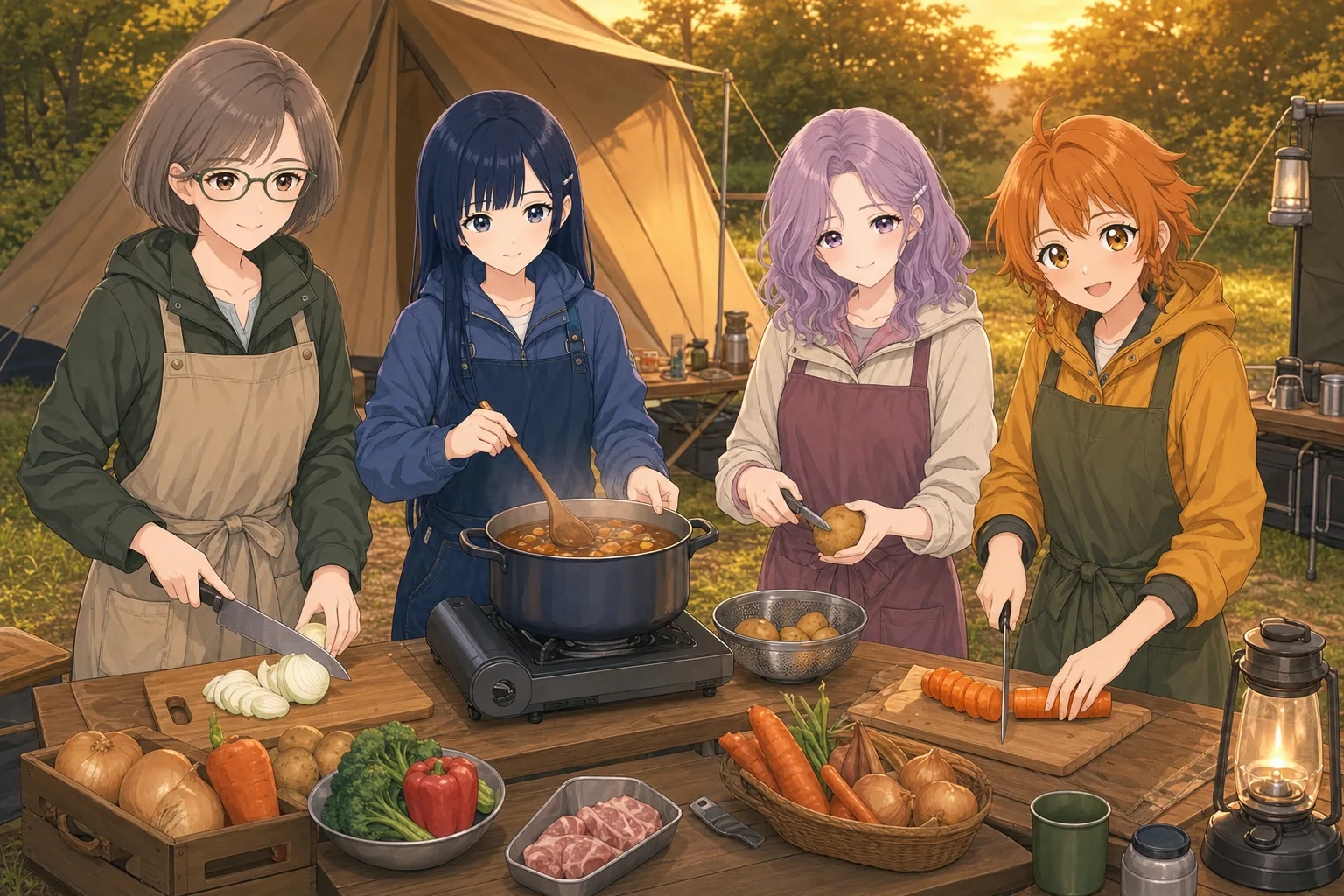藤森さやか先生、青木澪、桃井すみれ、日野こむぎがキャンプでカレー作りを楽しむ様子