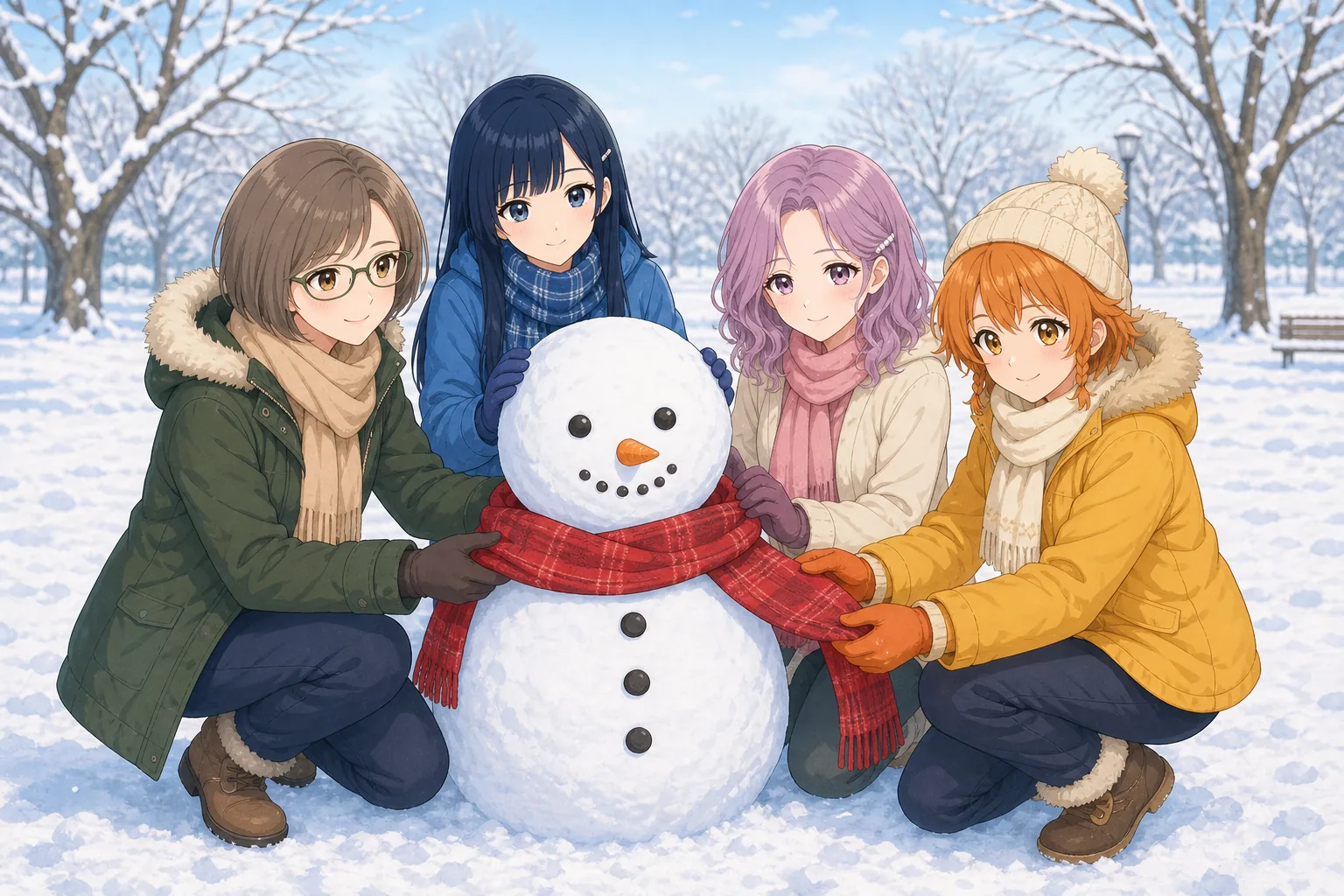 藤森さやか先生、青木澪、桃井すみれ、日野こむぎが雪だるま作りを楽しむ様子