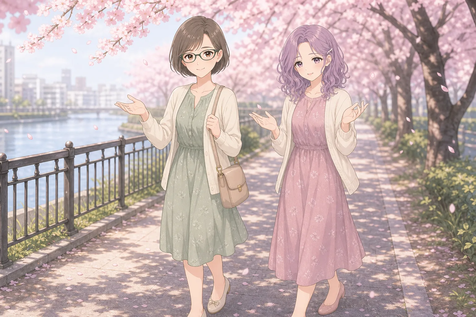 藤森さやか先生、桃井すみれが桜並木をお散歩を楽しむ様子