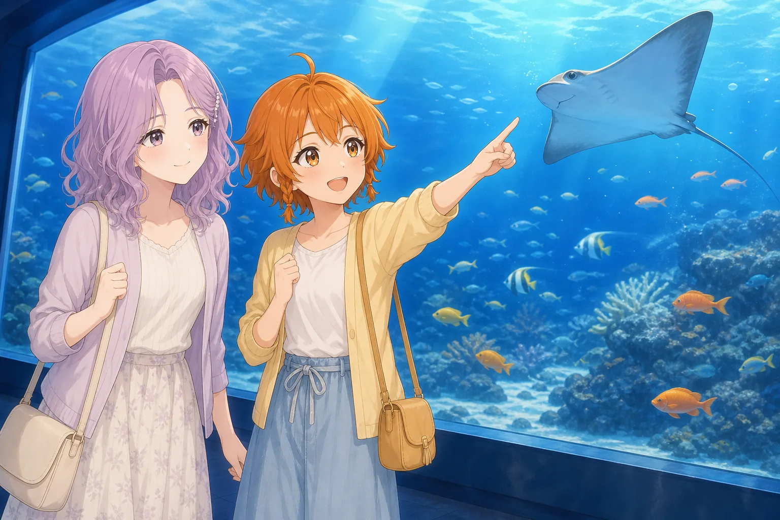 桃井すみれ、日野こむぎが水族館で大水槽を鑑賞を楽しむ様子