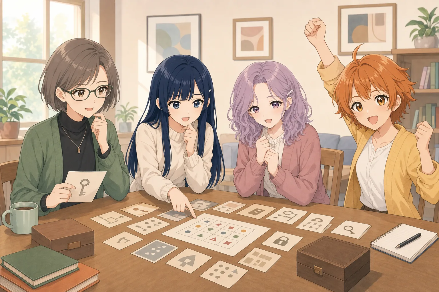 藤森さやか先生、青木澪、桃井すみれ、日野こむぎがテーブル謎解きゲームを楽しむ様子