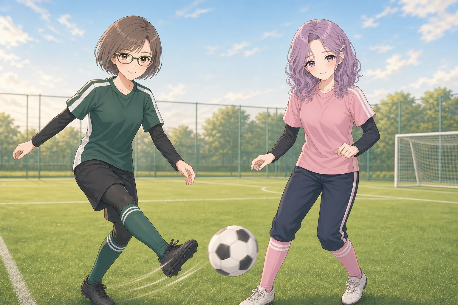 藤森さやか先生、桃井すみれがグラウンドでサッカー練習を楽しむ様子