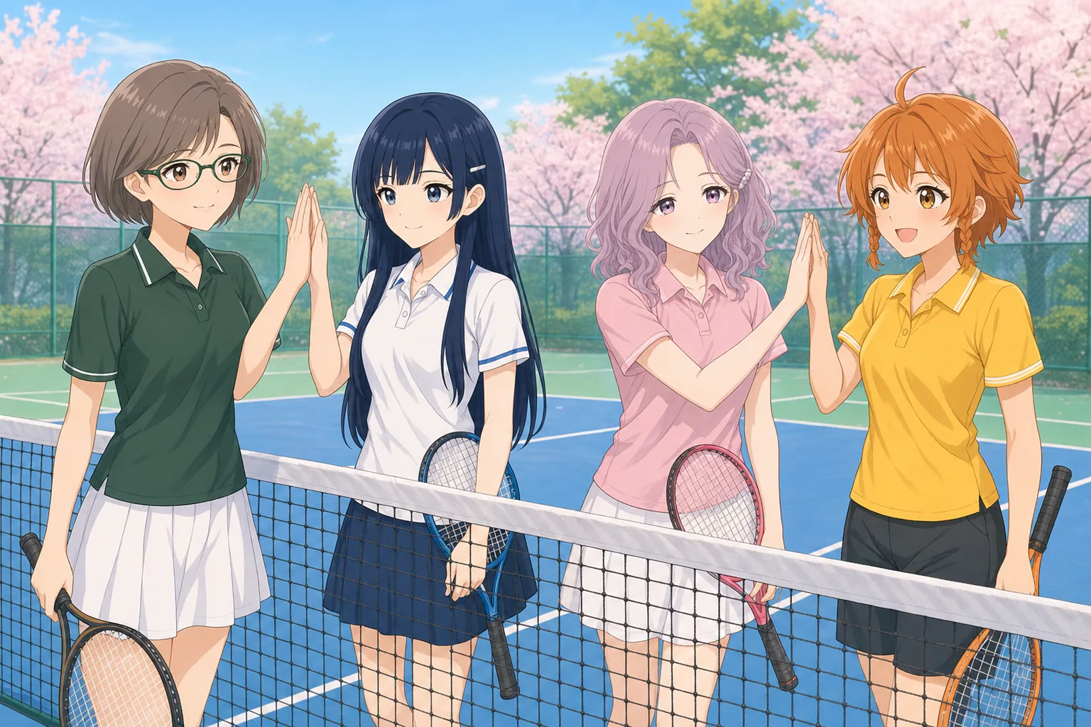 藤森さやか先生、青木澪、桃井すみれ、日野こむぎがテニスのダブルスを楽しむ様子